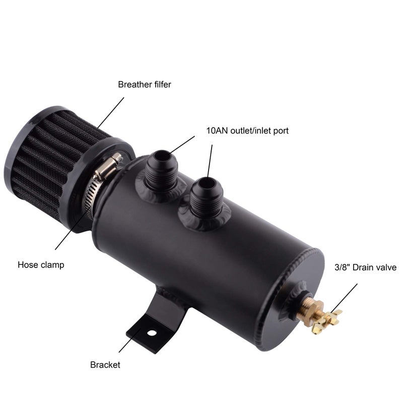 ESPEEDER 750ml Oil Catch Can Kit with Breather Filter | 10AN Universal Baffled Air Oil Separator & Breather Tank | 2 Port Aluminum Reservoir for High Performance & Racing - Black - Image 2